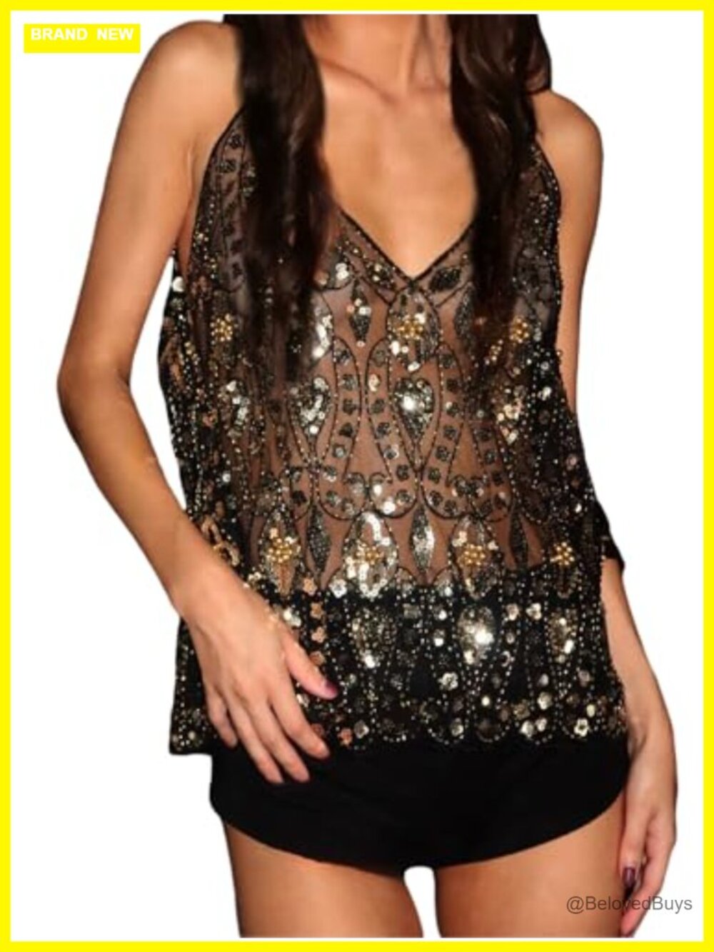 Sequin Halter Crop Top Y2K Sleeveless Mesh Cami Tank Top Sheer Embroidered